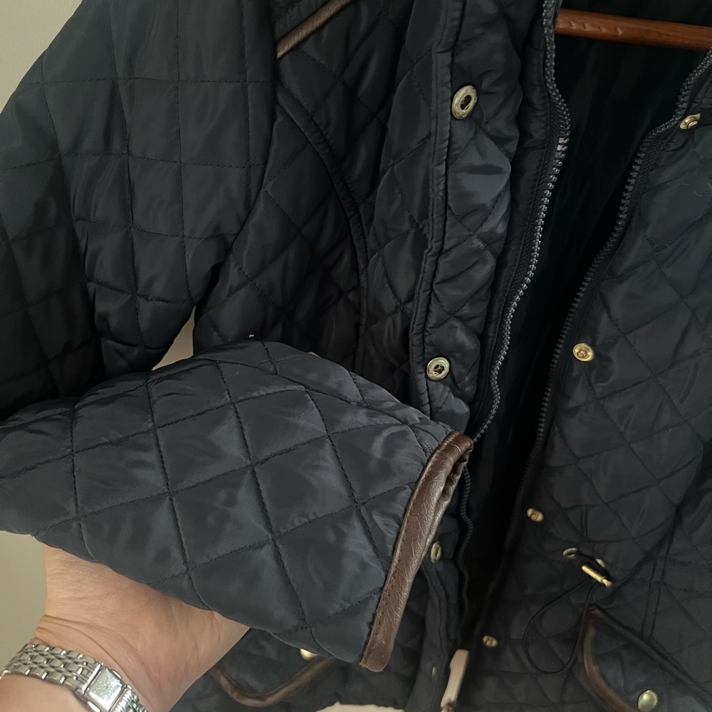 Blue Quilted Puffer Jacket w/ Gold Accents & Drawstring Waist – Size M - Picture 6 of 8
